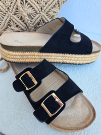 Mules plateforme noires – 2 brides réglables, semelle raphia