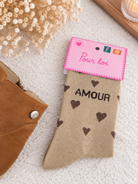 Chaussette à paillettes Amour et cœur beige