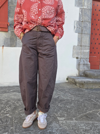 Pantalon barrel femme marron taille haute avec ceinture