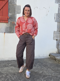 Pantalon barrel femme marron taille haute avec ceinture