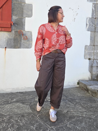 Pantalon barrel femme marron taille haute avec ceinture