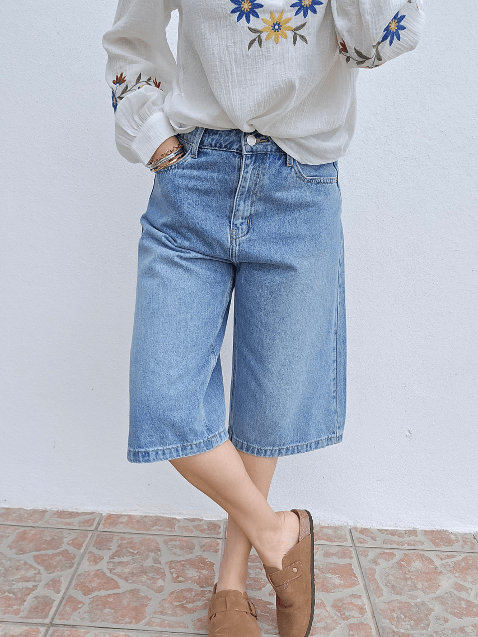 Bermuda jean coupe large denim vintage - Oraije