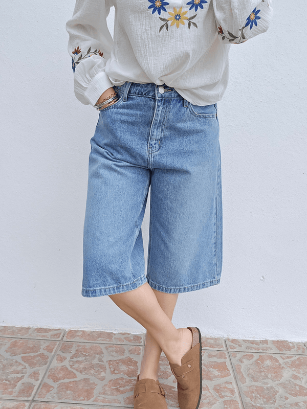 Bermuda jean coupe large denim vintage - Oraije