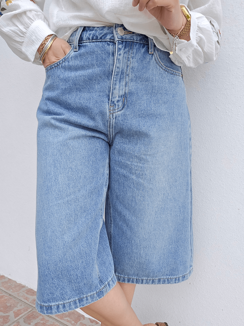 Bermuda jean coupe large denim vintage - Oraije