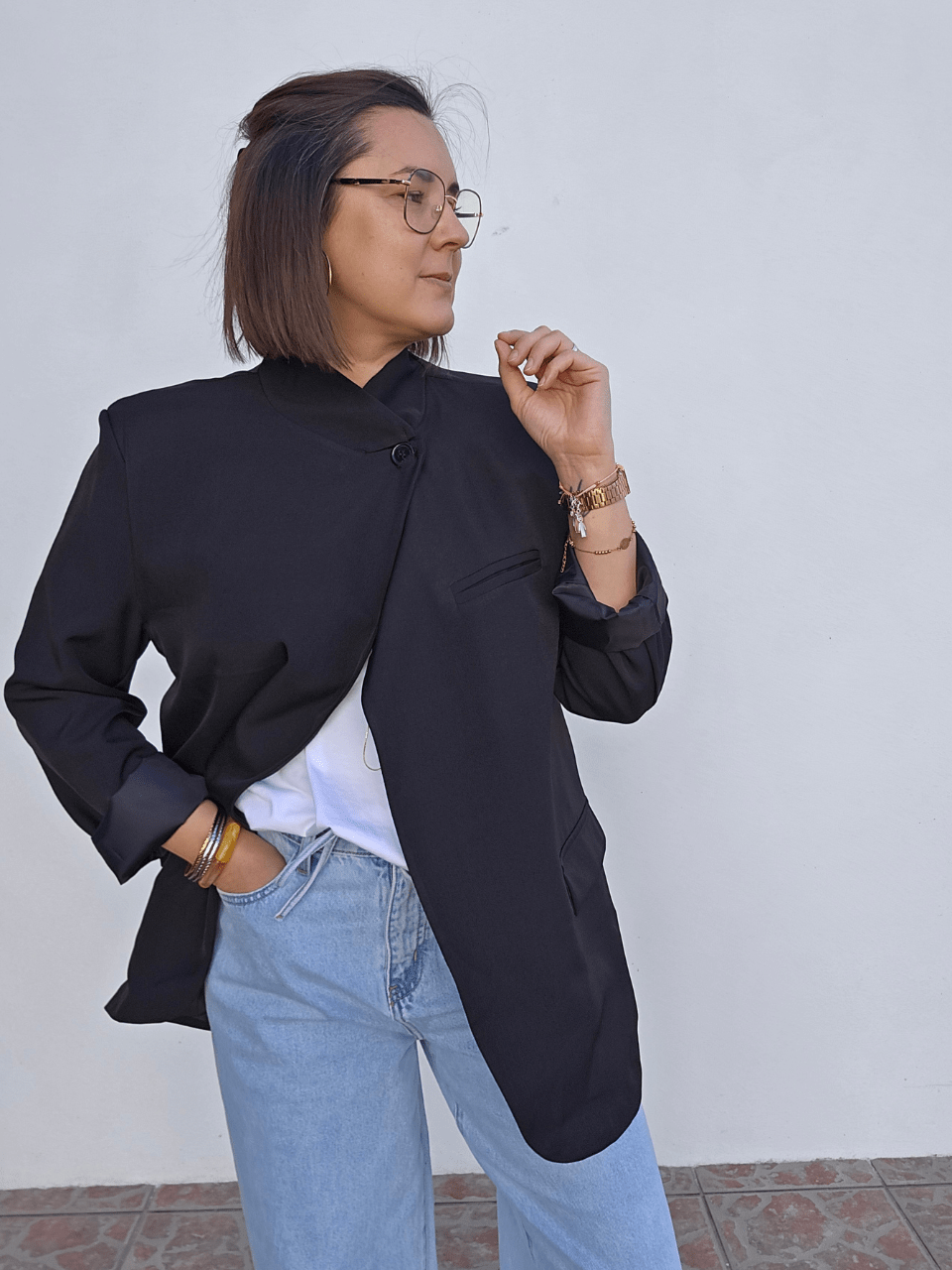 Blazer noir oversize asymétrique – col officier