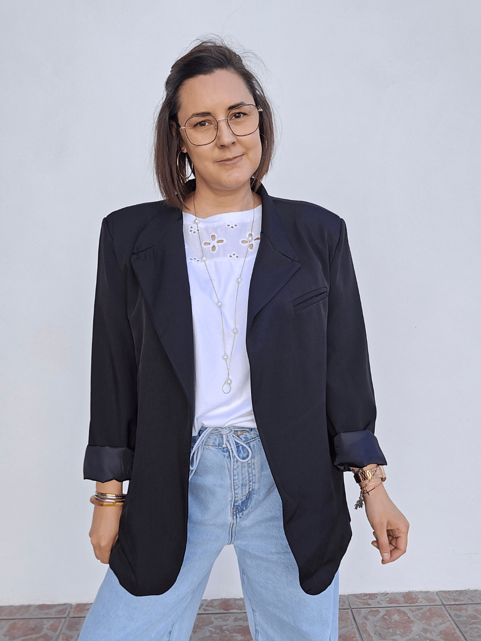 Blazer noir oversize asymétrique – col officier