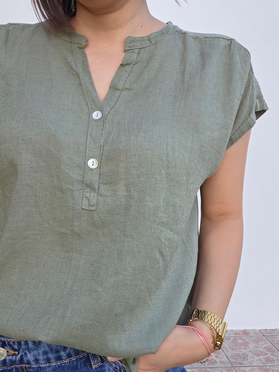 Blouse en lin et viscose à manches courtes – Taille unique 36 à 42