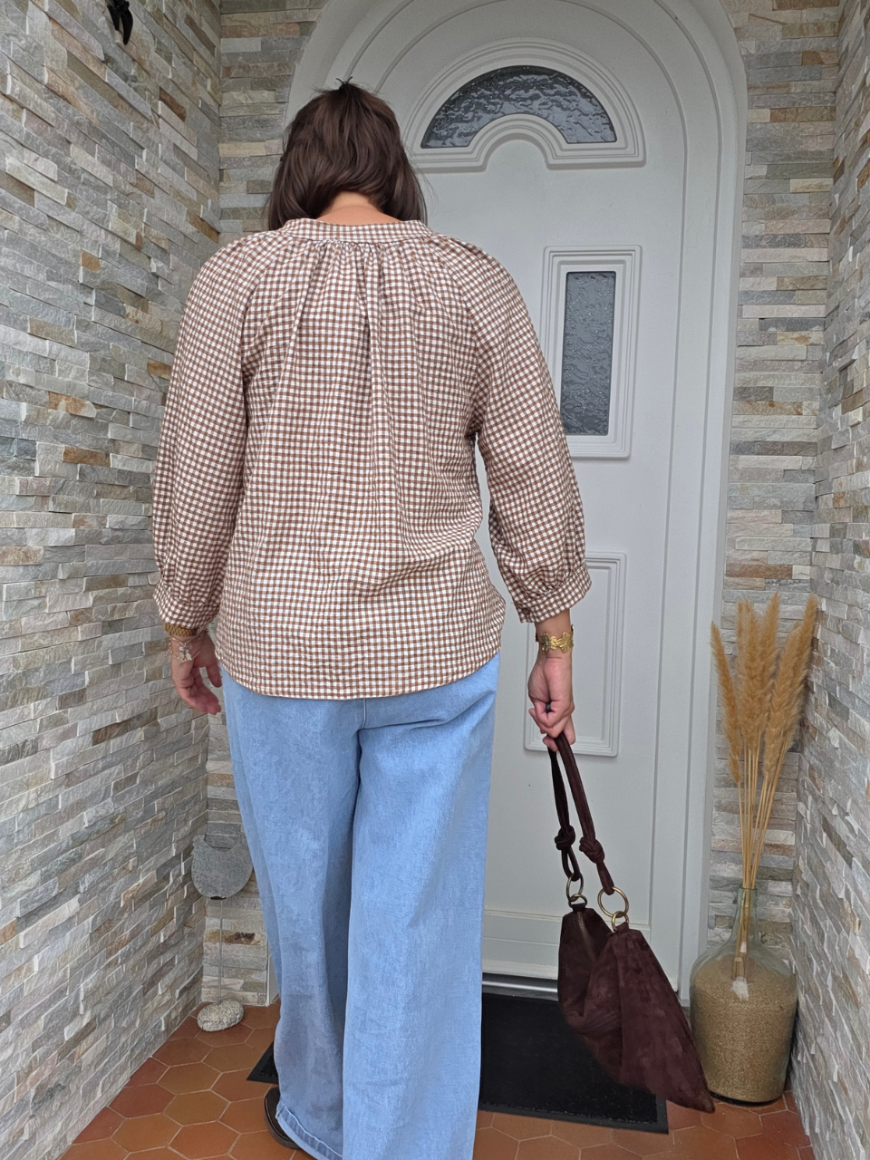 Blouse vichy femme en coton – beige ou kaki