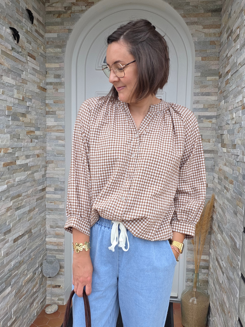 Blouse vichy femme en coton – beige ou kaki
