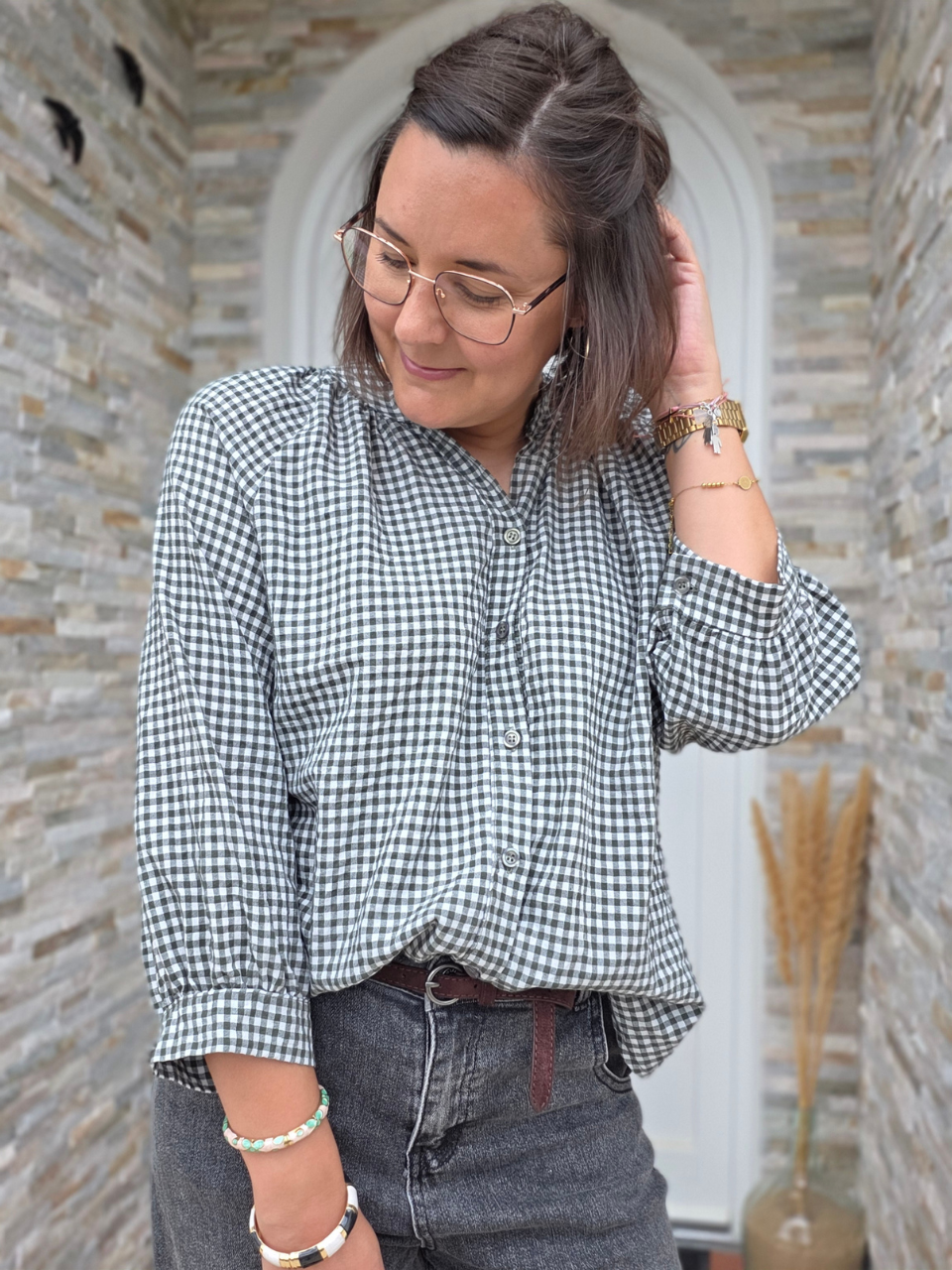 Look blouse vichy kaki automne 