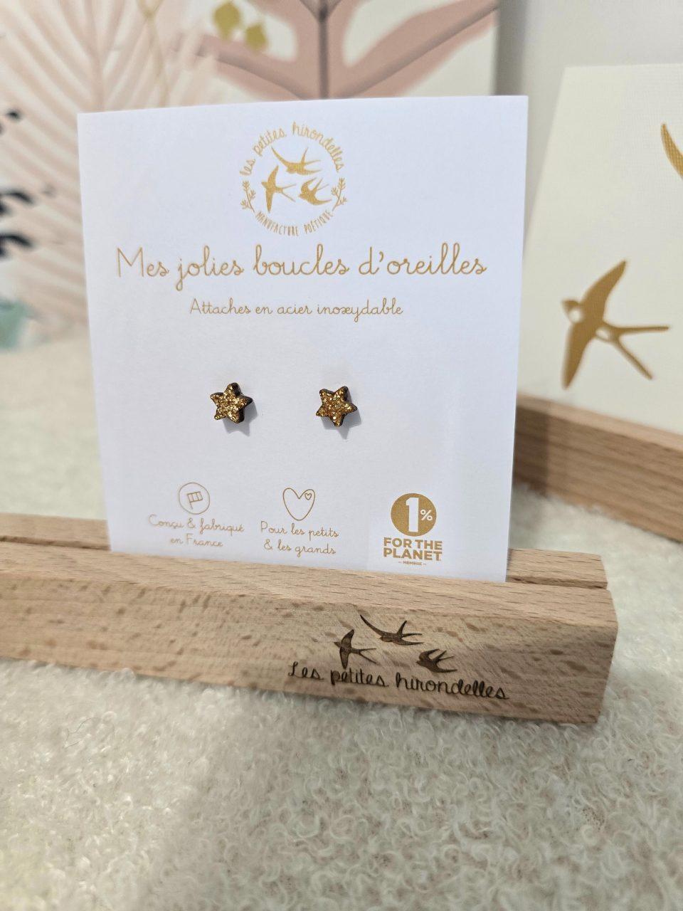 Boucles d’oreilles en bois et paillettes - Les petites Hirondelles