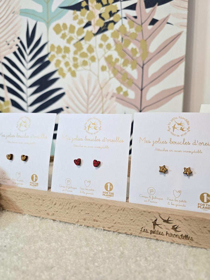 Boucles d’oreilles en bois et paillettes - Les petites Hirondelles