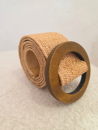 Ceinture élastique beige boucle ronde en bois femme