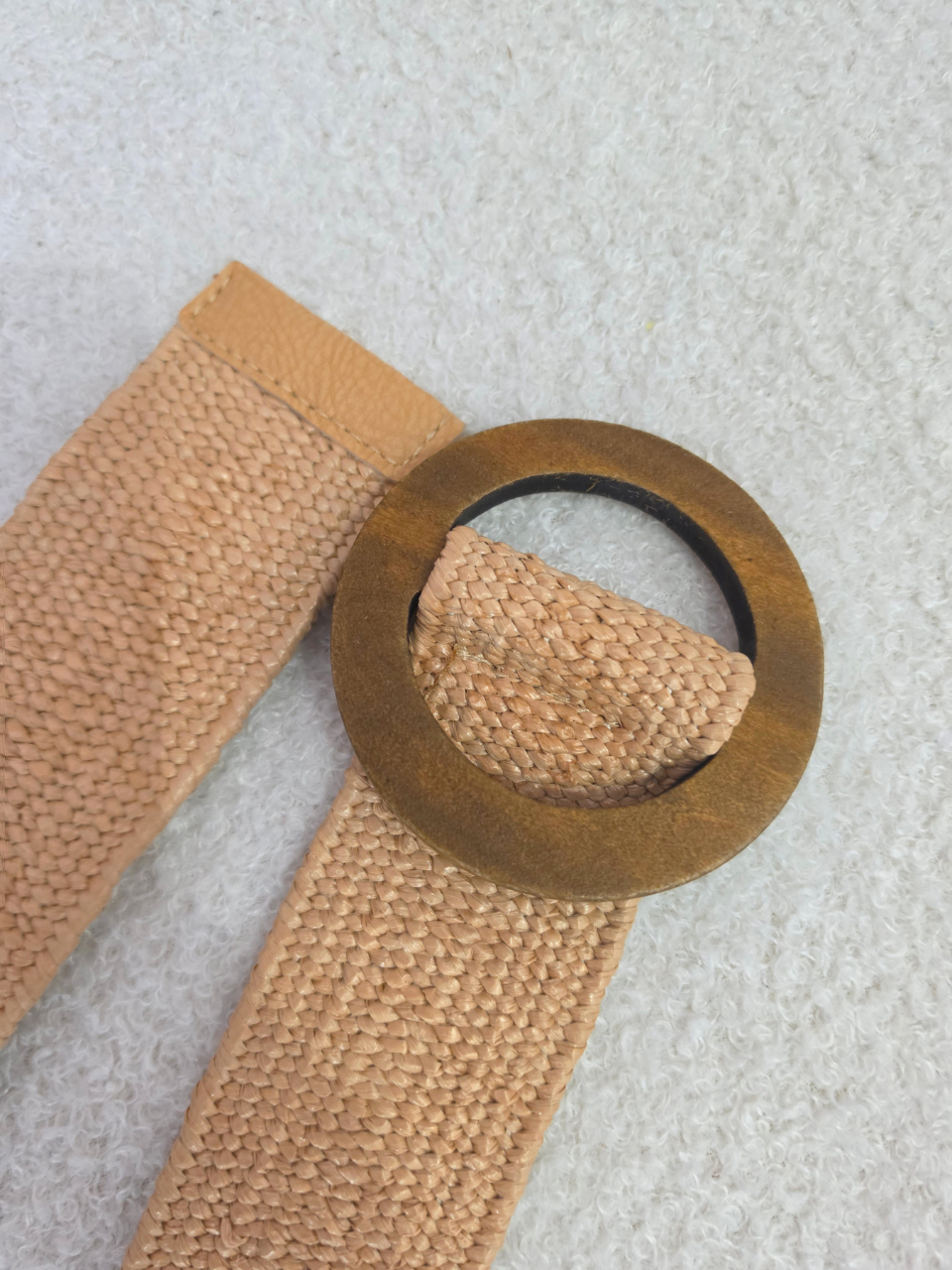 Ceinture élastique beige boucle ronde en bois femme