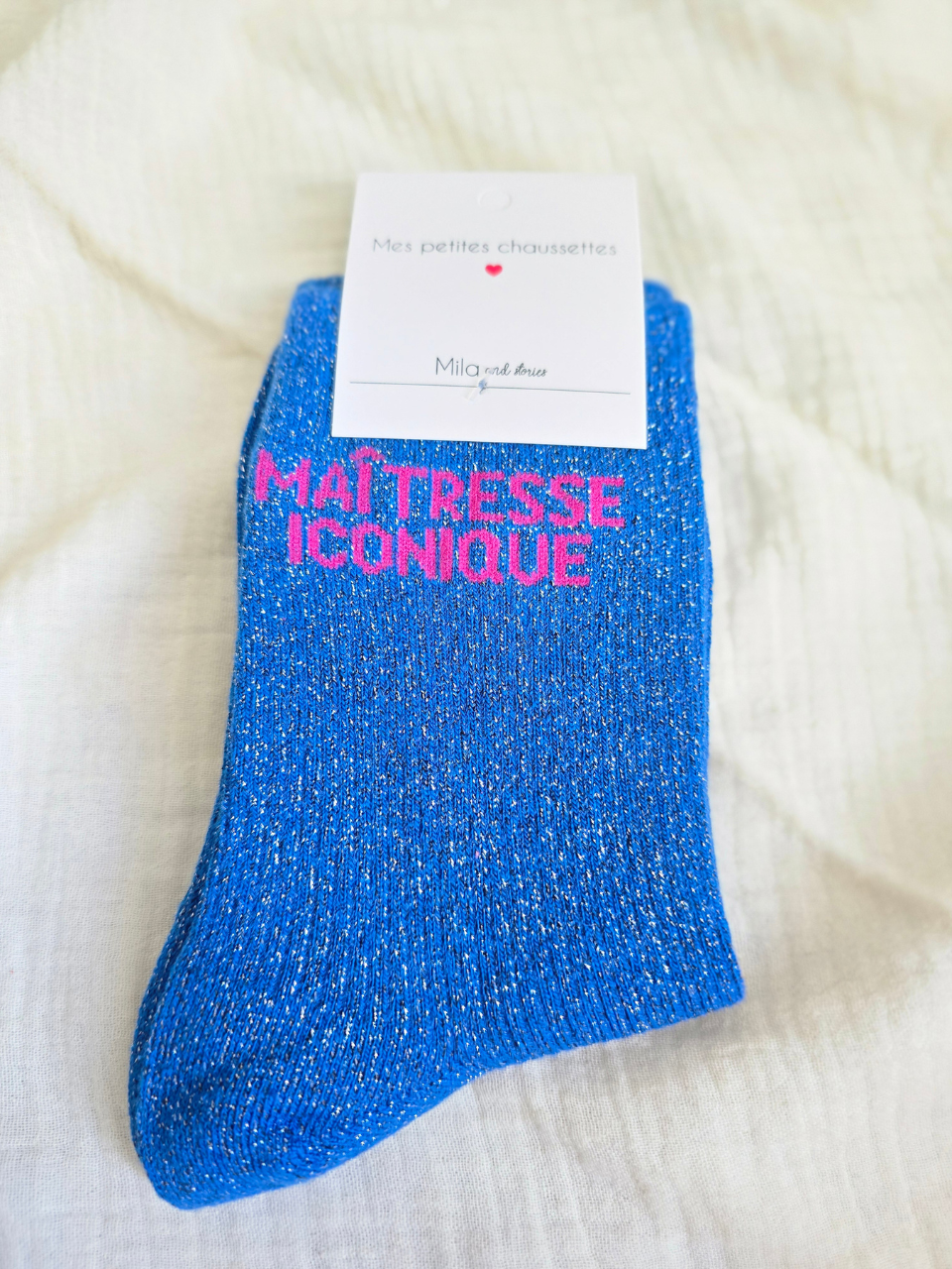 Chaussettes paillettes « Maîtresse iconique » – cadeau original maîtresse