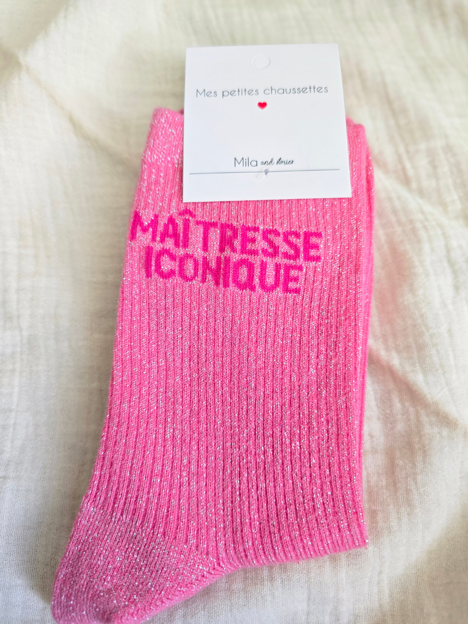 Chaussettes paillettes « Maîtresse iconique » – cadeau original maîtresse