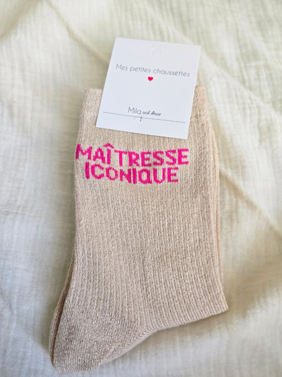 Chaussettes paillettes « Maîtresse iconique » – cadeau original maîtresse
