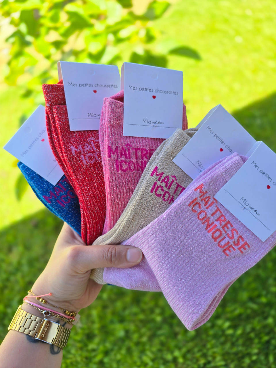 Chaussettes paillettes « Maîtresse iconique » – cadeau original maîtresse