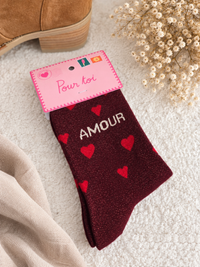 Chaussette à paillettes Amour et cœur bordeaux