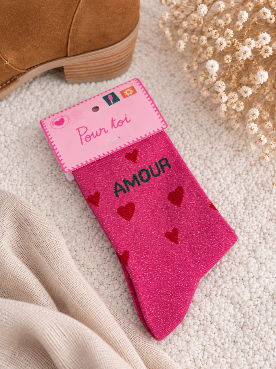 Chaussette à paillettes Amour et cœur rose