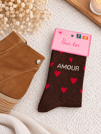 Chaussette à paillettes Amour et cœur marron