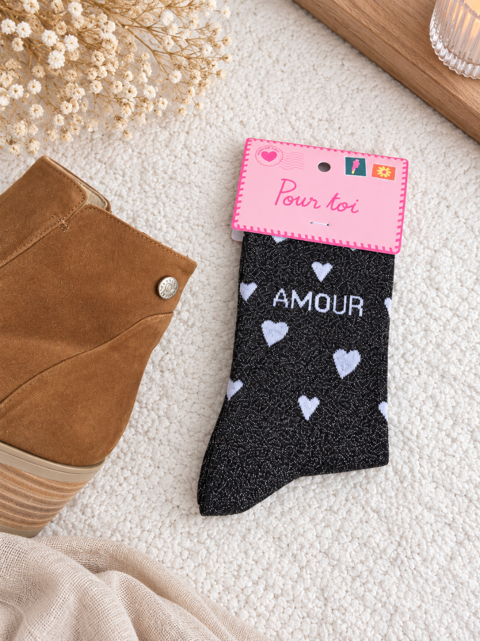 Chaussette à paillettes Amour et cœur noir
