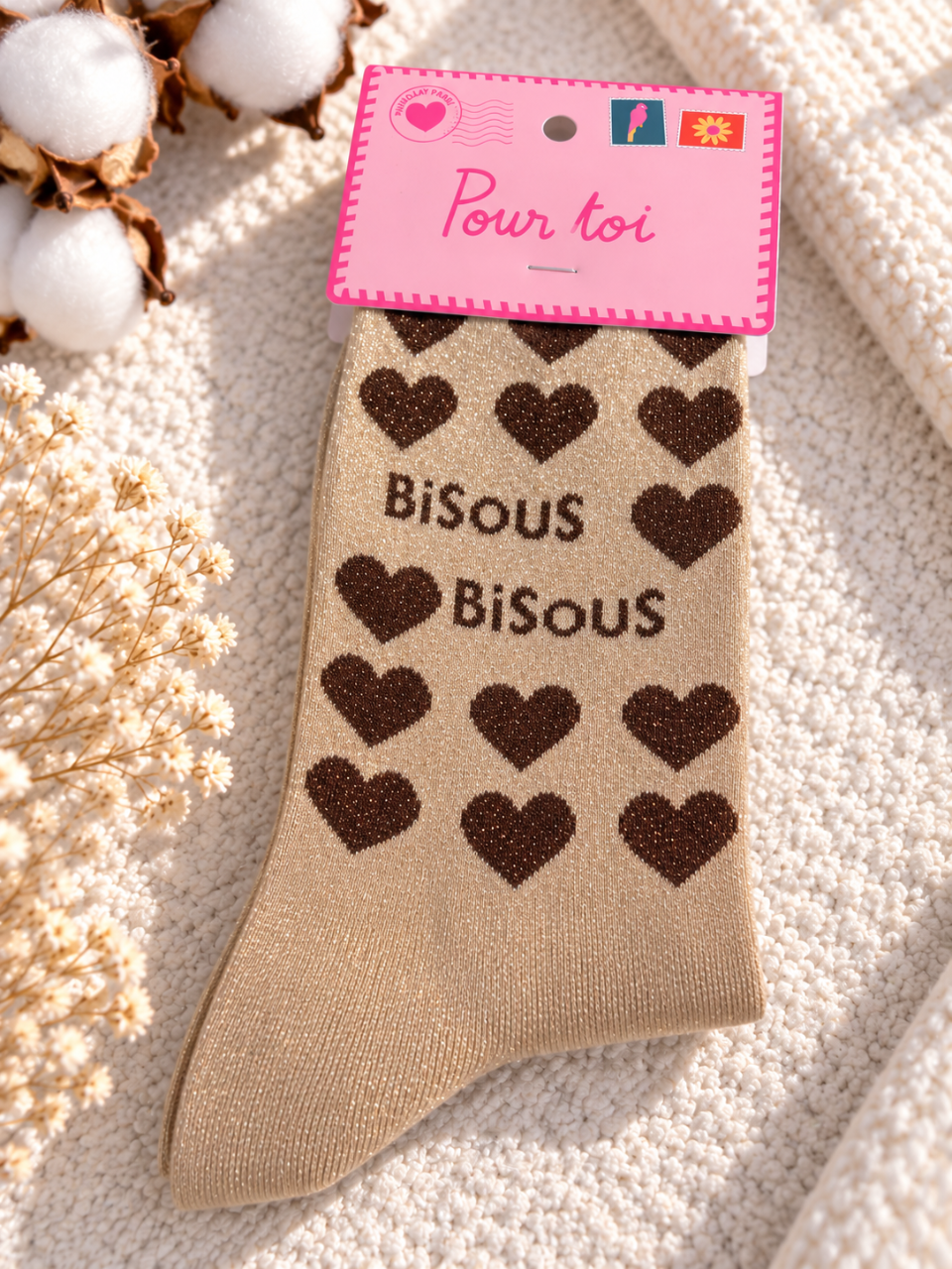 Chaussette à paillette beige bisous