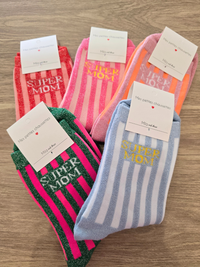 Chaussettes rayées pailletées « Super MOM »