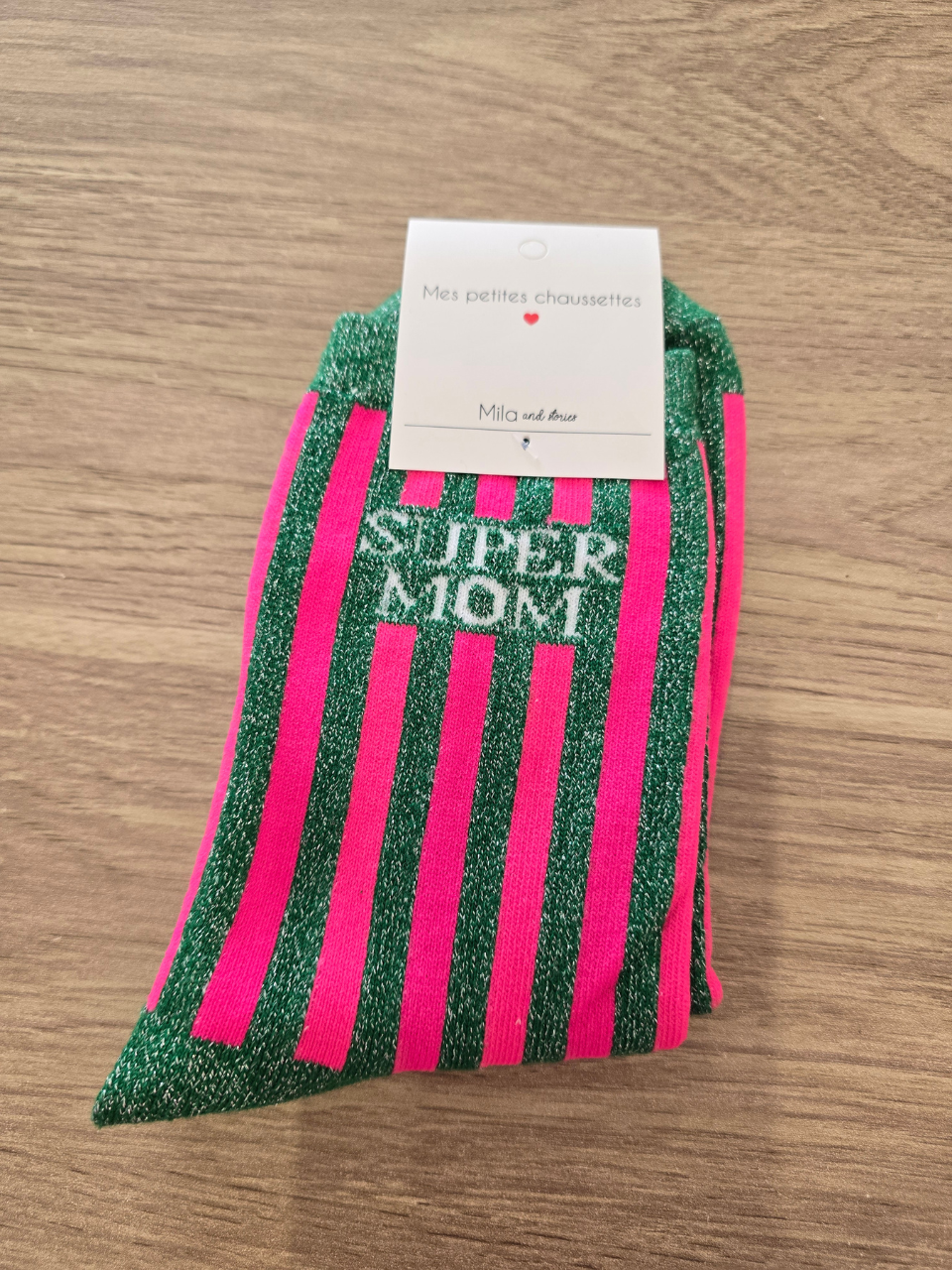 Chaussettes rayées pailletées « Super MOM »