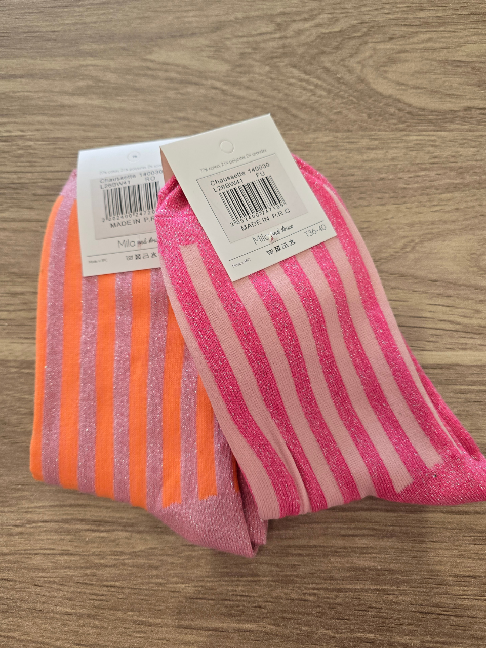 Chaussettes rayées pailletées « Super MOM »