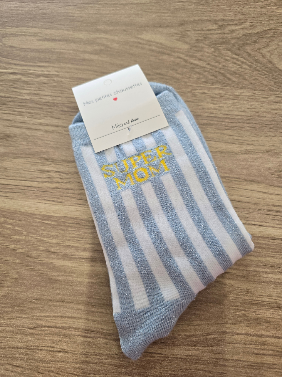 Chaussettes rayées pailletées « Super MOM »