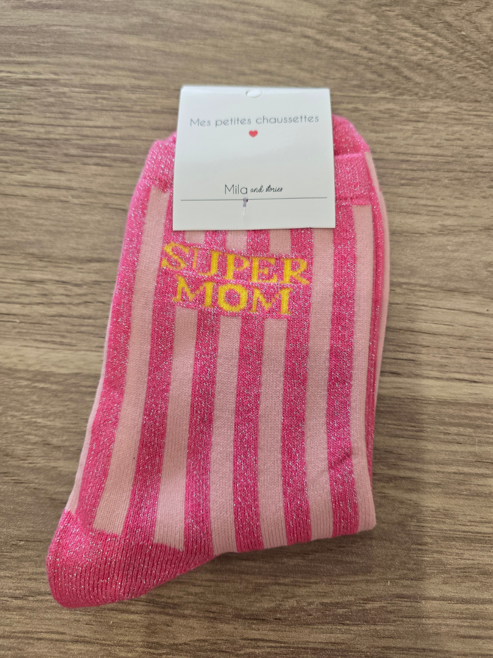 Chaussettes rayées pailletées « Super MOM »