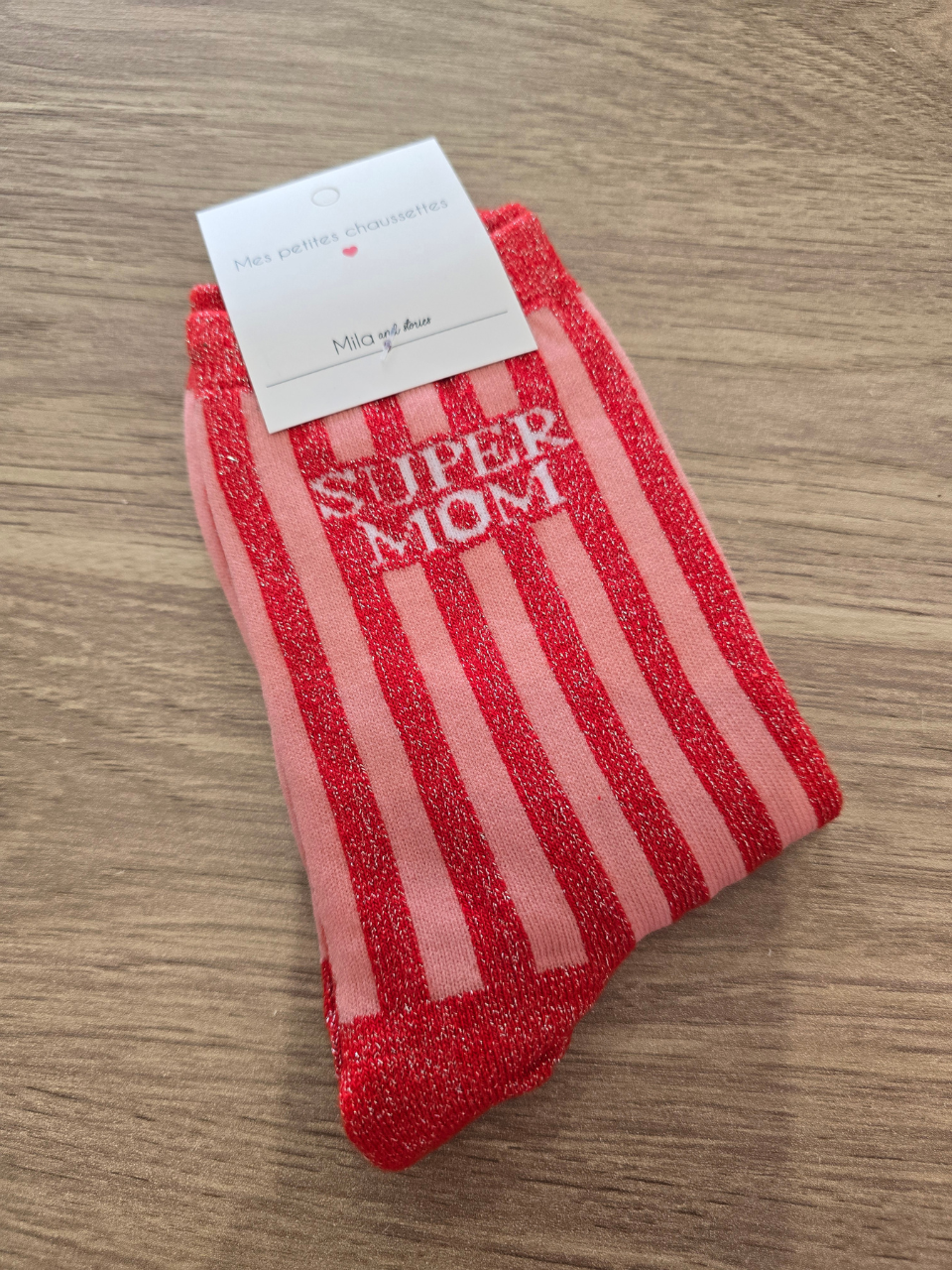 Chaussettes rayées pailletées « Super MOM »