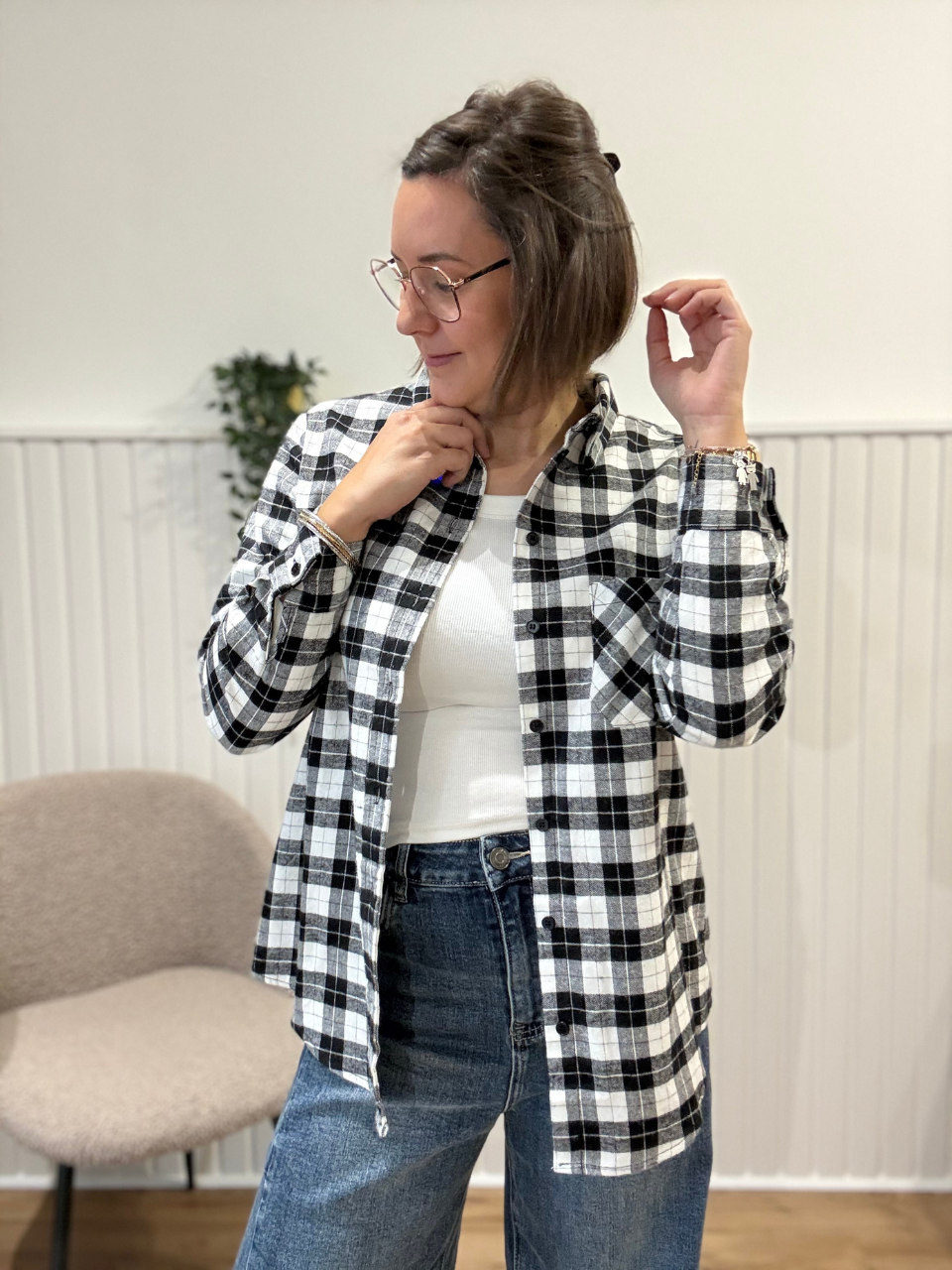 Chemise à carreaux noir et blanc en flanelle de coton Kilky
