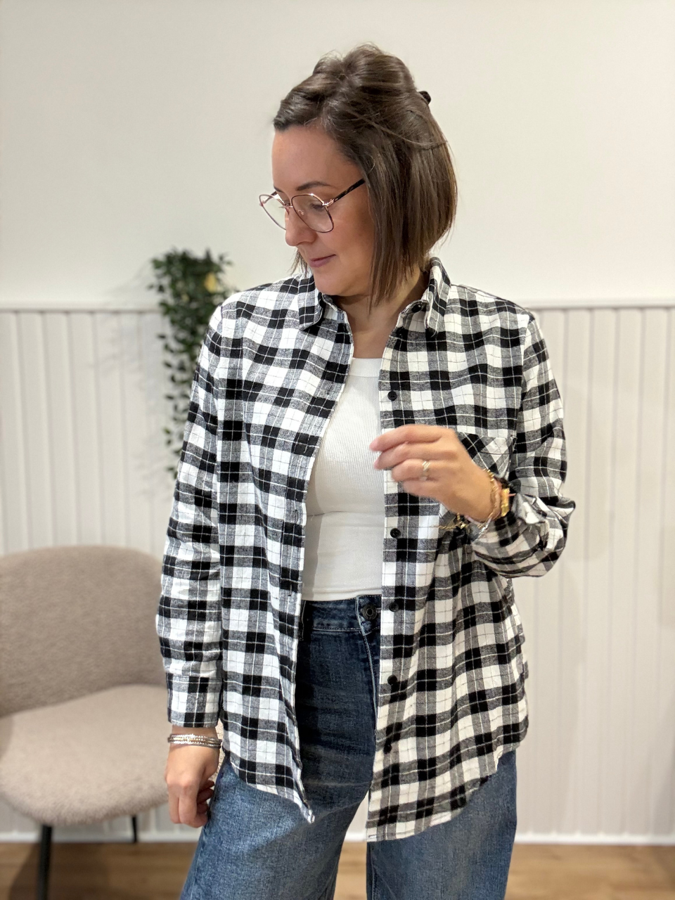 Chemise à carreaux noir et blanc en flanelle de coton Kilky