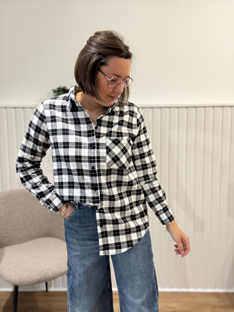 Chemise à carreaux noir et blanc en flanelle de coton Kilky