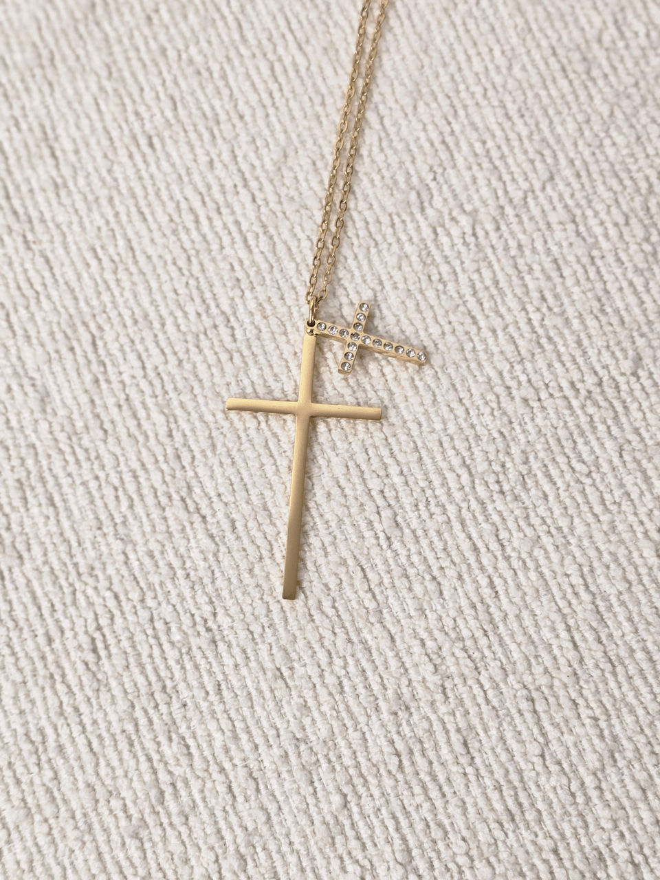 Collier double croix doré femme – Acier inoxydable avec strass
