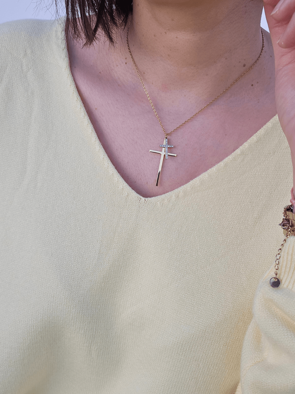 Collier double croix doré femme – Acier inoxydable avec strass