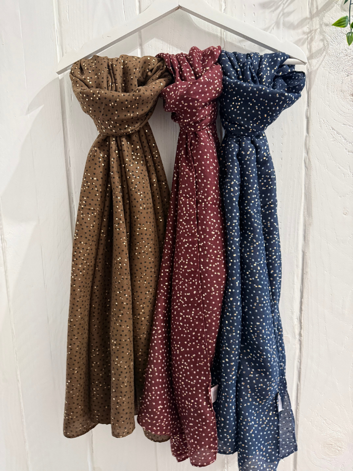 Écharpe légère à pois dorés et blancs – Marron, bordeaux ou marine