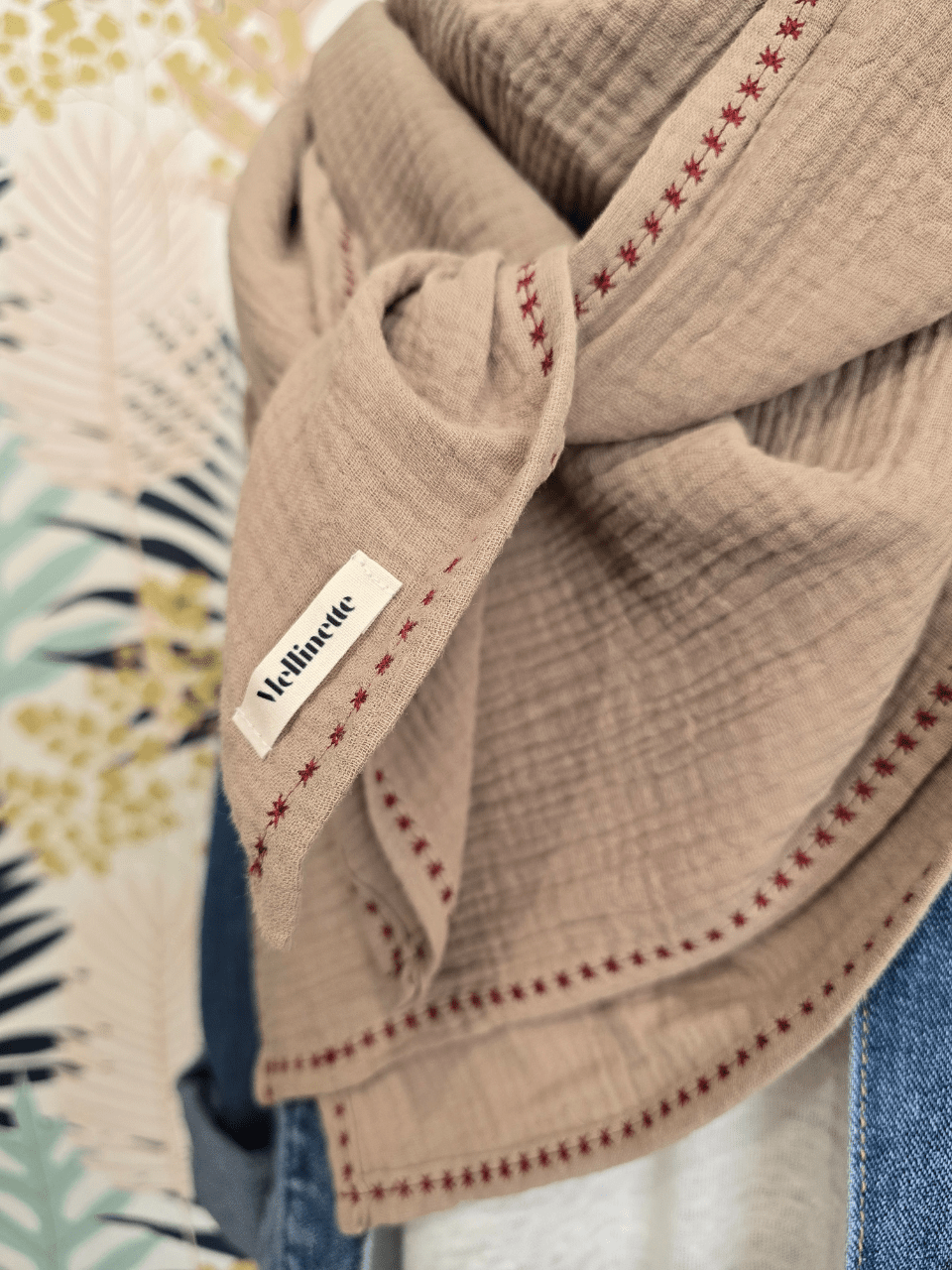 Foulard gaze de coton taupe – Création artisanale Mellinette