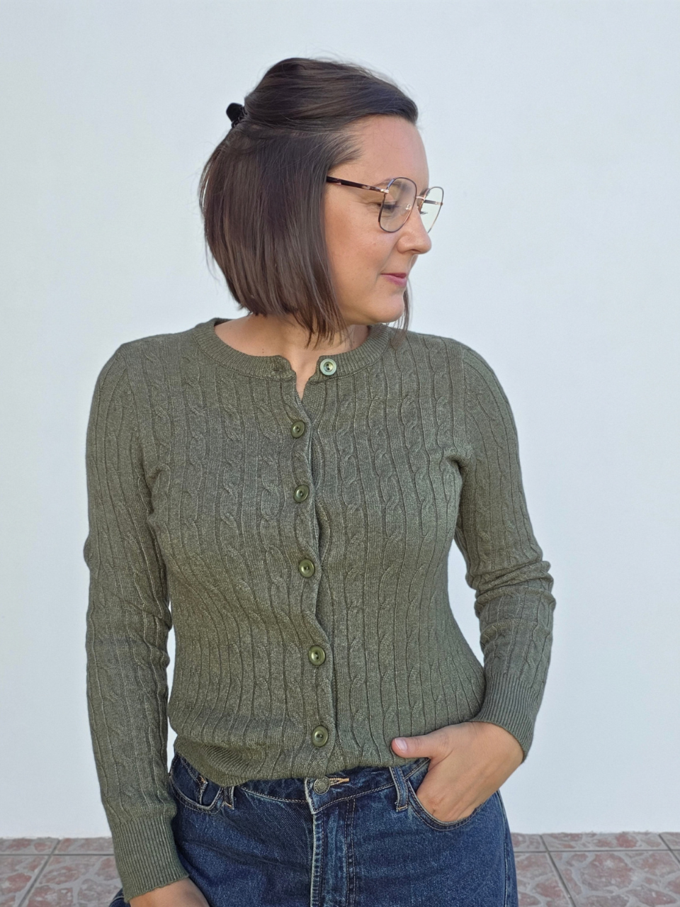 Gilet maille torsadé kaki