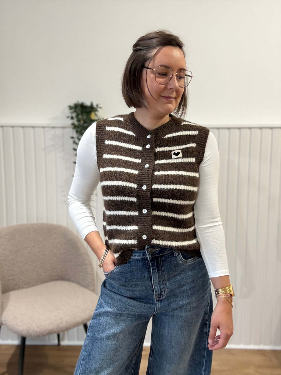 Gilet sans manches rayé marron et blanc Jubylee