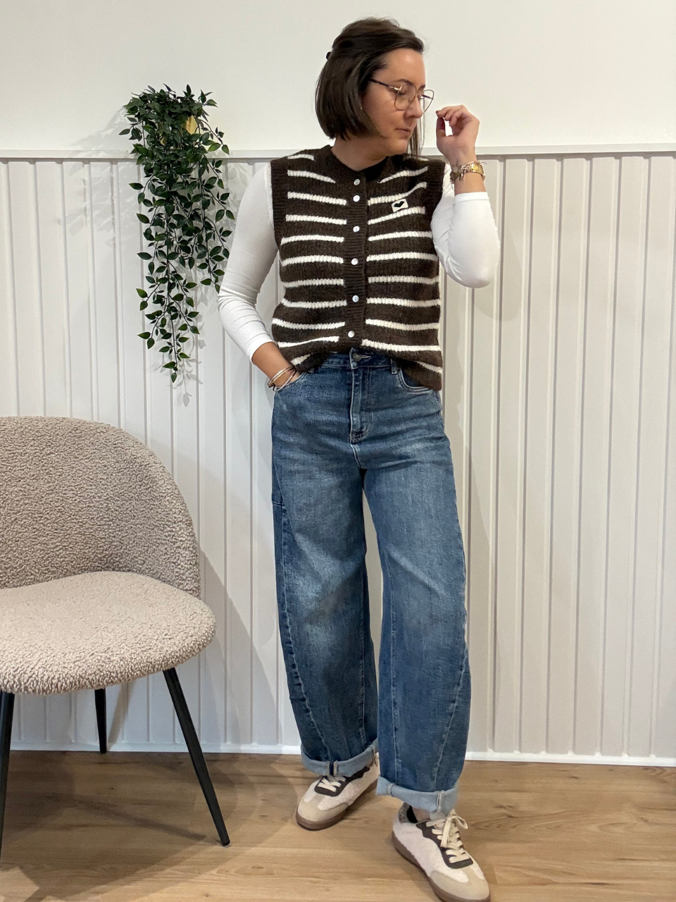 Gilet sans manches rayé marron et blanc Jubylee