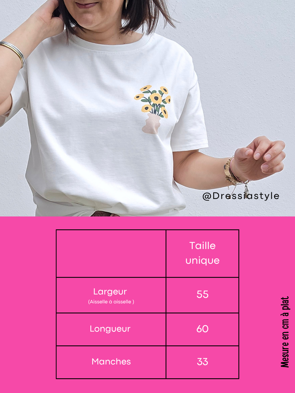 Tee-shirt blanc imprimé bouquet de tournesols – taille unique
