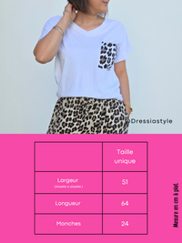 Tee-shirt blanc femme avec poche poitrine léopard