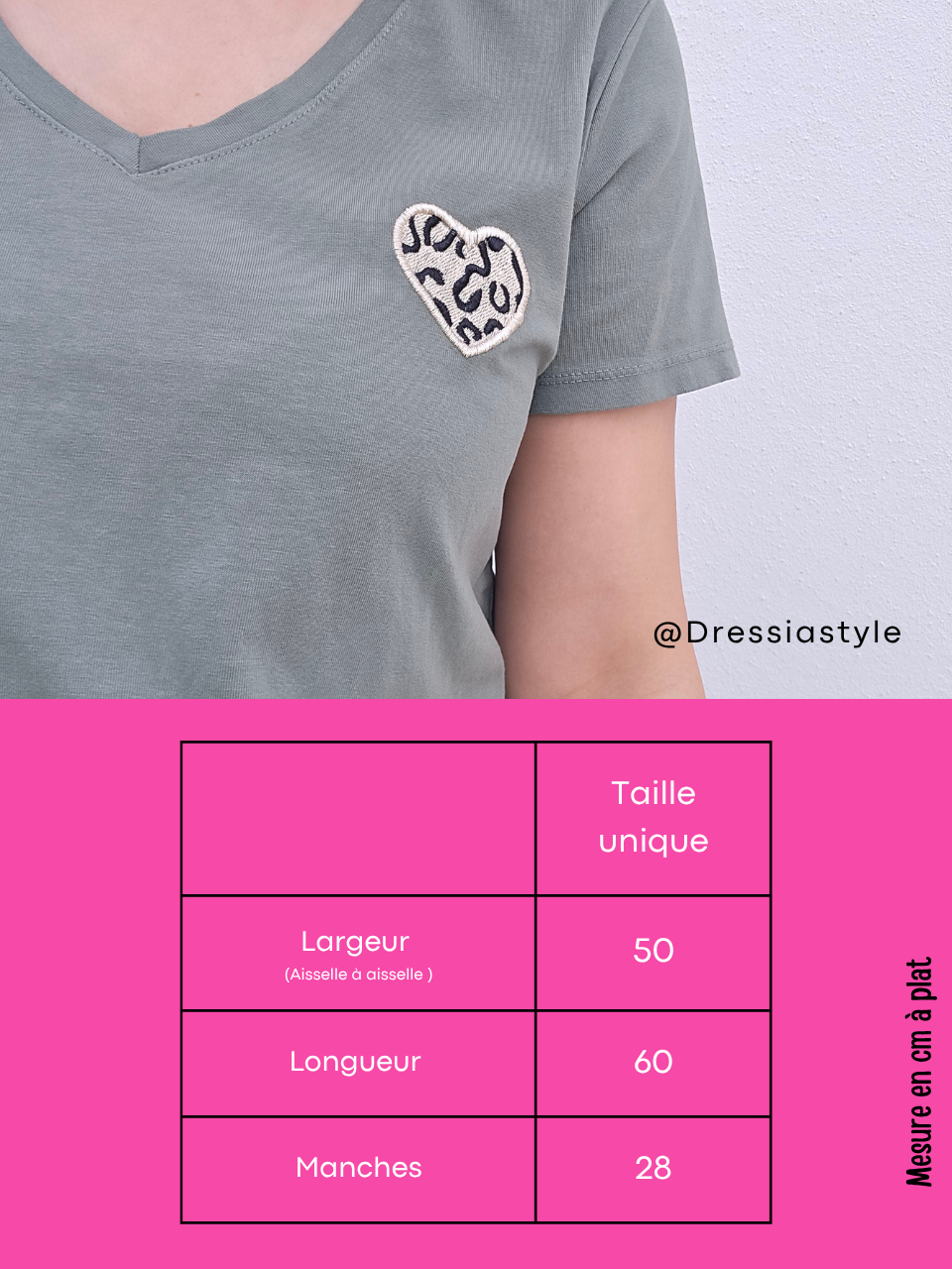 Tee-shirt kaki col V cœur léopard femme
