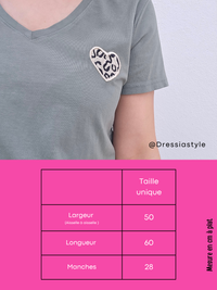 Tee-shirt kaki col V cœur léopard femme
