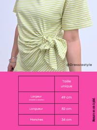 Robe tee-shirt rayée verte asymétrique à nouer