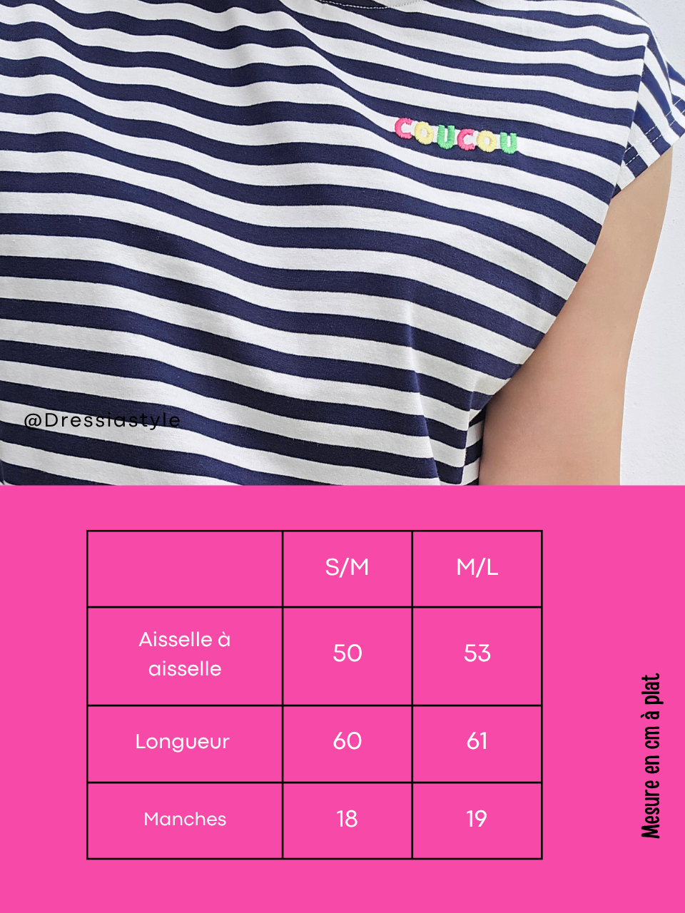 Tee-shirt rayé marine « Coucou » – broderie colorée, col rouge