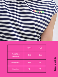 Tee-shirt rayé marine « Coucou » – broderie colorée, col rouge